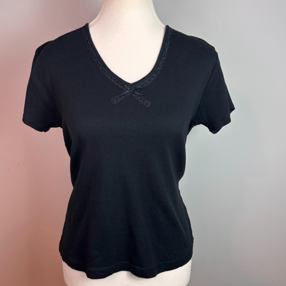 VTG Nine & Company Womens Y2K Black Stretch Short Sleeve Top Bow Detail Collar M